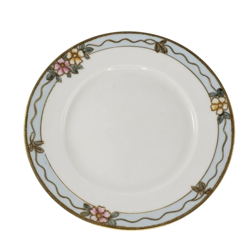 Vintage Nippon Saucer Bread Plate 5.25" Hand Painted Blue Gold Flowers